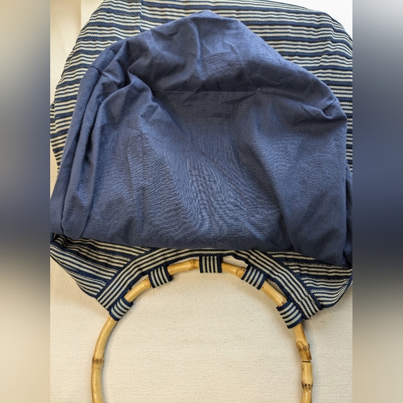 Old Country Road Handbag Bamboo Clutch Polyester Navy Blue Grey Stripes L-2 - Picture 4 of 13